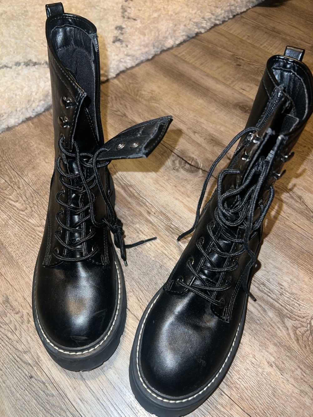 Black Lace-Up Combat Boots with Platform Sole